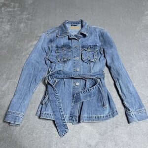 Blank NYC Denim Jacket Womens XS Pleated‎ Cinch Waist Belted Long Preppy Boho